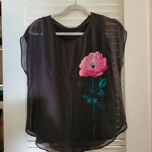 Calvin Klein Black Sheer Blouse with Pink Floral Print